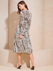 Lipsy Black/White Animal Long Sleeve Gathered Waist Polka Dot Midi Dress - Image 2 of 4