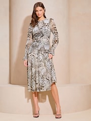 Lipsy Black/White Animal Long Sleeve Gathered Waist Polka Dot Midi Dress - Image 3 of 4