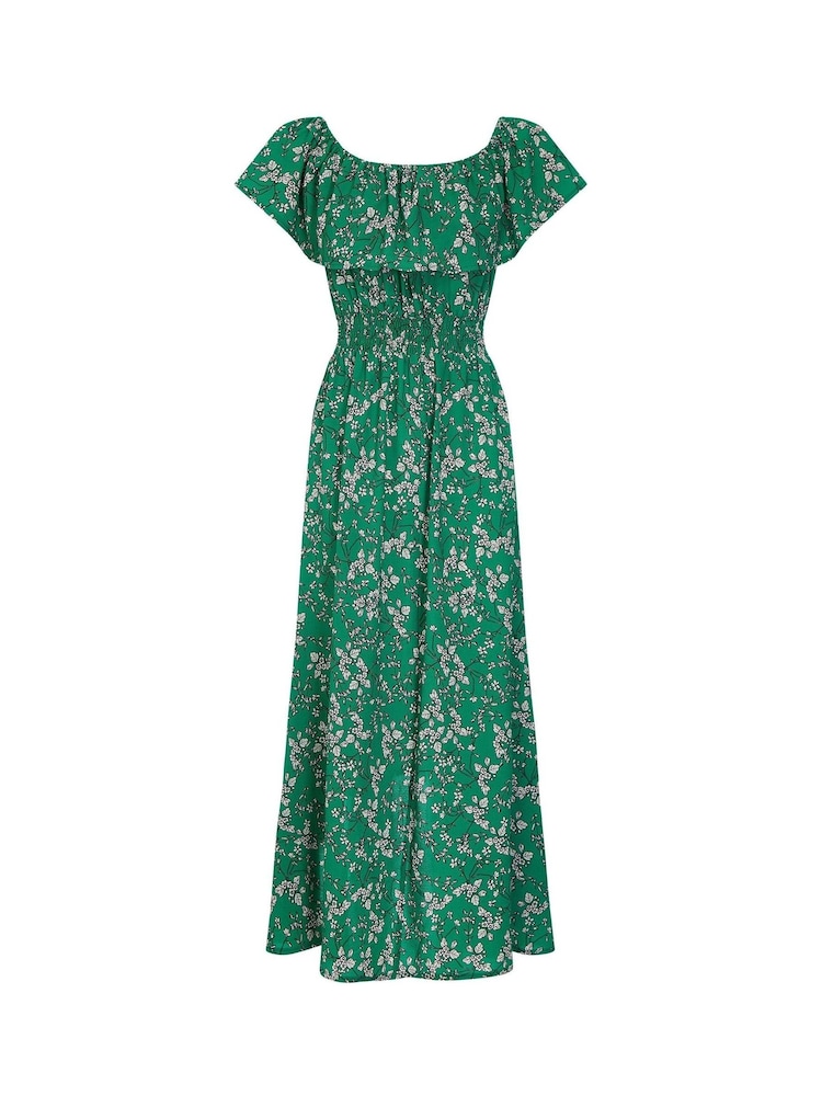 Grün - Mela Geblümtes Kleid mit Carmen-Ausschnitt und verlängertem Rückensaum - Bild 4 von 4 Grün - Mela Geblümtes Kleid mit Carmen-Ausschnitt und verlängertem Rückensaum - Bild 4 von 4