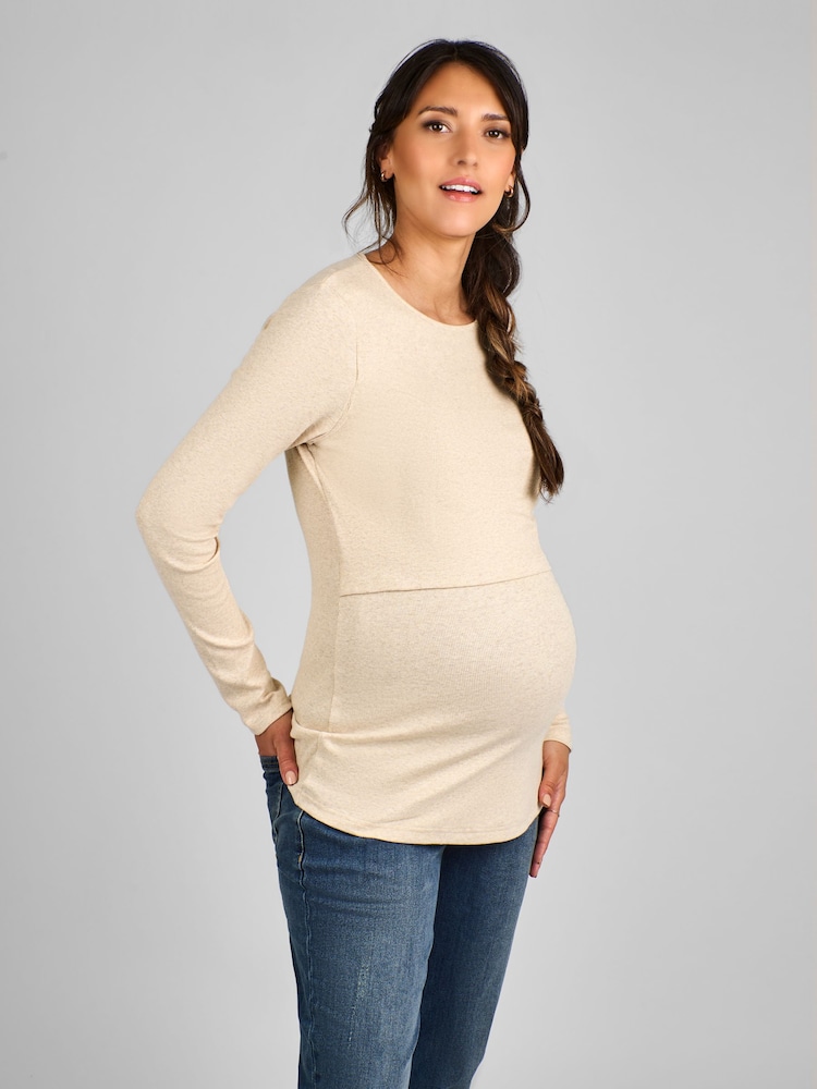 JoJo Maman Bébé Oatmeal Ribbed Jersey Maternity & Nursing Top - Image 1 of 4
