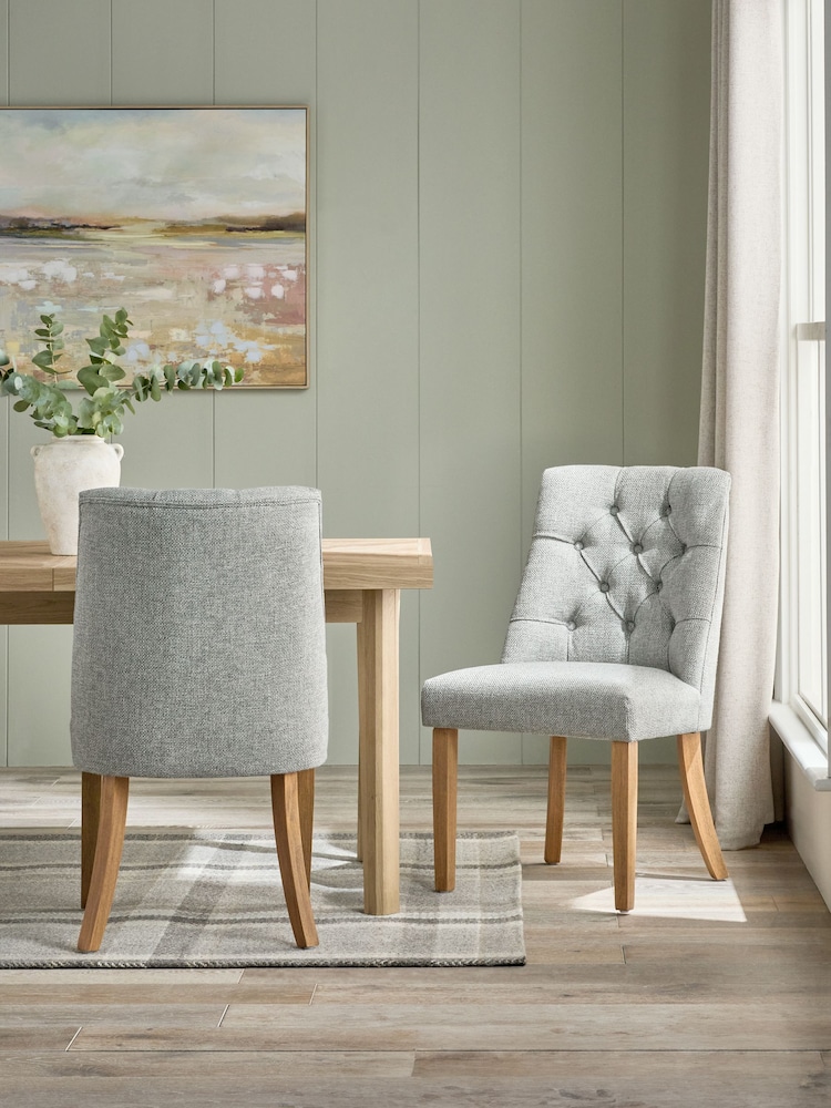 Set of 2 Chunky Weave Mid Grey Wolton Dark Wood Leg Collection Luxe Button Dining Chairs - Image 1 of 10