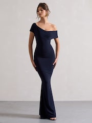 Club L London Navy Blue Avila Asymmetric Bardot Maxi Dress - Image 1 of 5