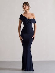 Club L London Navy Blue Avila Asymmetric Bardot Maxi Dress - Image 2 of 5
