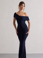 Club L London Navy Blue Avila Asymmetric Bardot Maxi Dress - Image 3 of 5