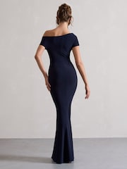 Club L London Navy Blue Avila Asymmetric Bardot Maxi Dress - Image 5 of 5