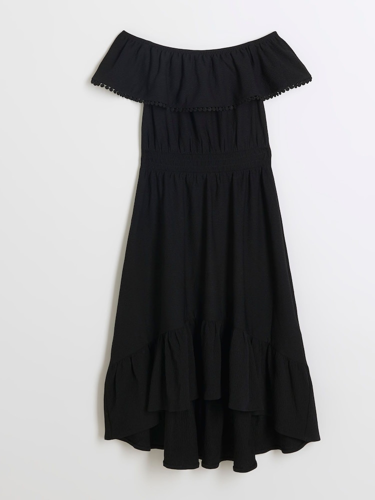 River Island Black Girls 100% Cotton Bardot Dress - Image 1 of 3 River Island Black Girls 100% Cotton Bardot Dress - Image 1 of 3
