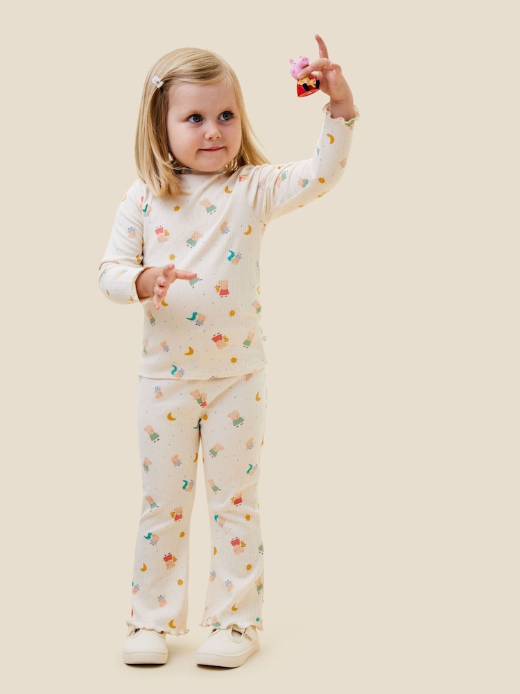 MORI Cream Organic Cotton and Bamboo Ribbed Peppa Pig Print Flare Leggings - Image 1 of 4