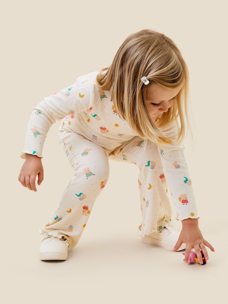 MORI Cream Organic Cotton and Bamboo Ribbed Peppa Pig Print Flare Leggings - Image 2 of 4