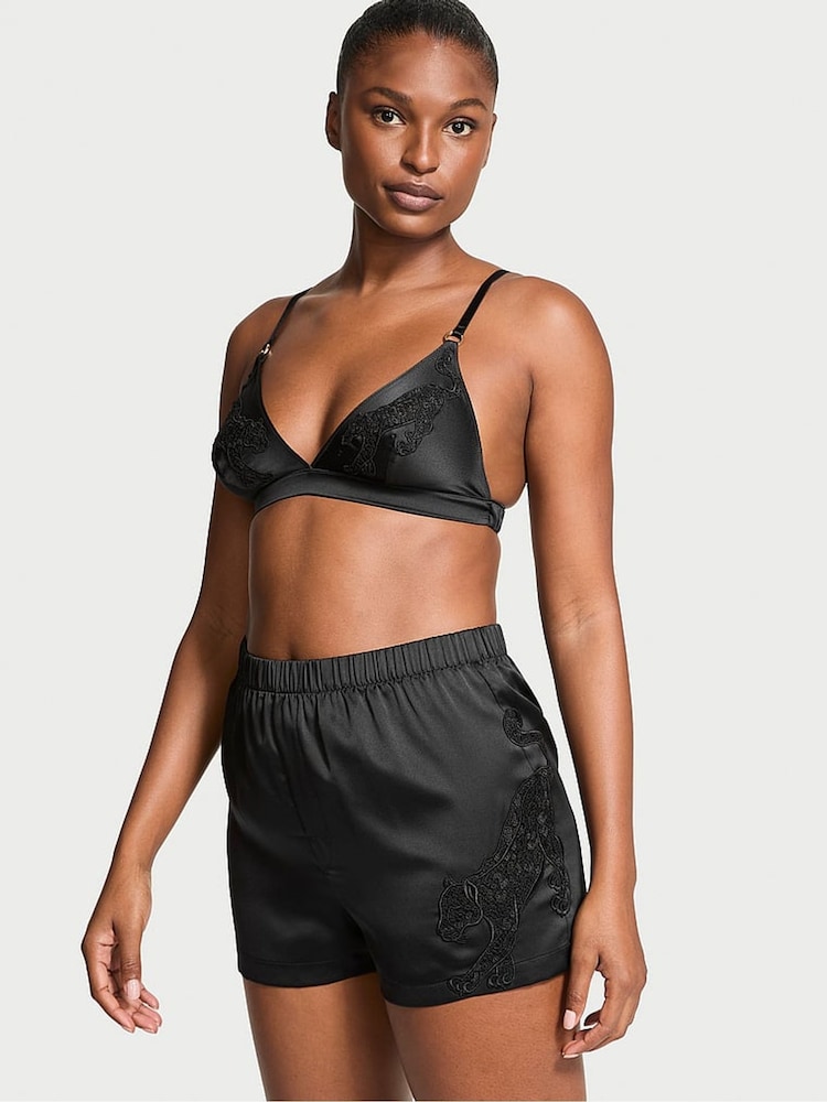 Victoria's Secret Black Jaguar Satin Triangle Bralette & Boxer Shorts Set - Image 1 of 3