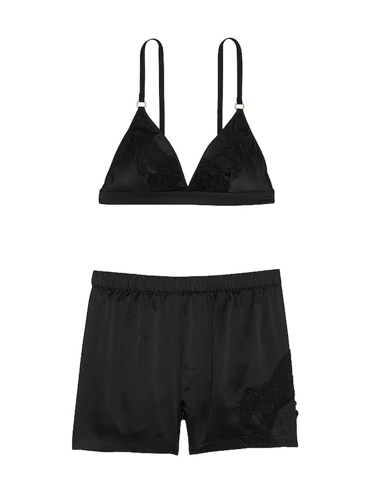 Victoria's Secret Black Jaguar Satin Triangle Bralette & Boxer Shorts Set - Image 3 of 3