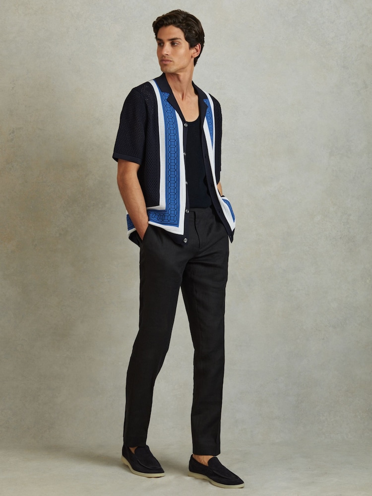 Reiss Navy Jensen Embroidered Cuban Collar Shirt - Image 1 of 5