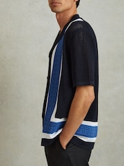 Reiss Navy Jensen Embroidered Cuban Collar Shirt - Image 3 of 5