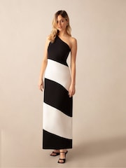 Ro&Zo Black Mono Stripe Sofia One Shoulder Maxi Dress - Image 1 of 5