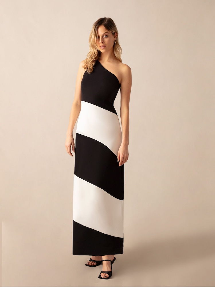 Ro&Zo Black Mono Stripe Sofia One Shoulder Maxi Dress - Image 1 of 5