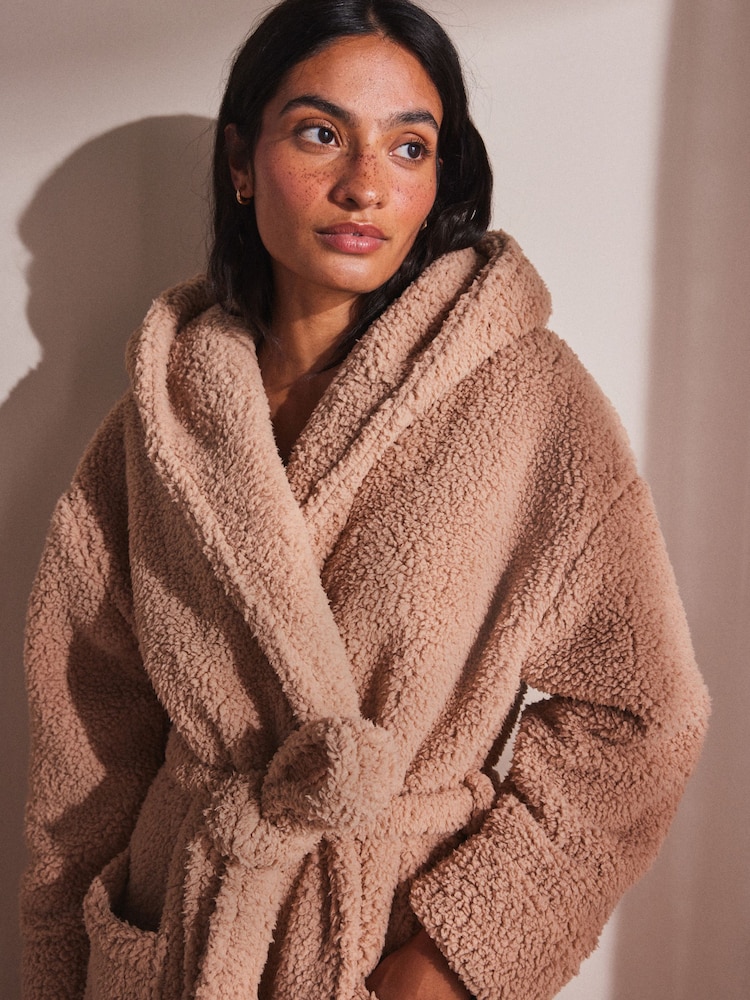 Neutral Long Teddy Dressing Gown - Image 4 of 7
