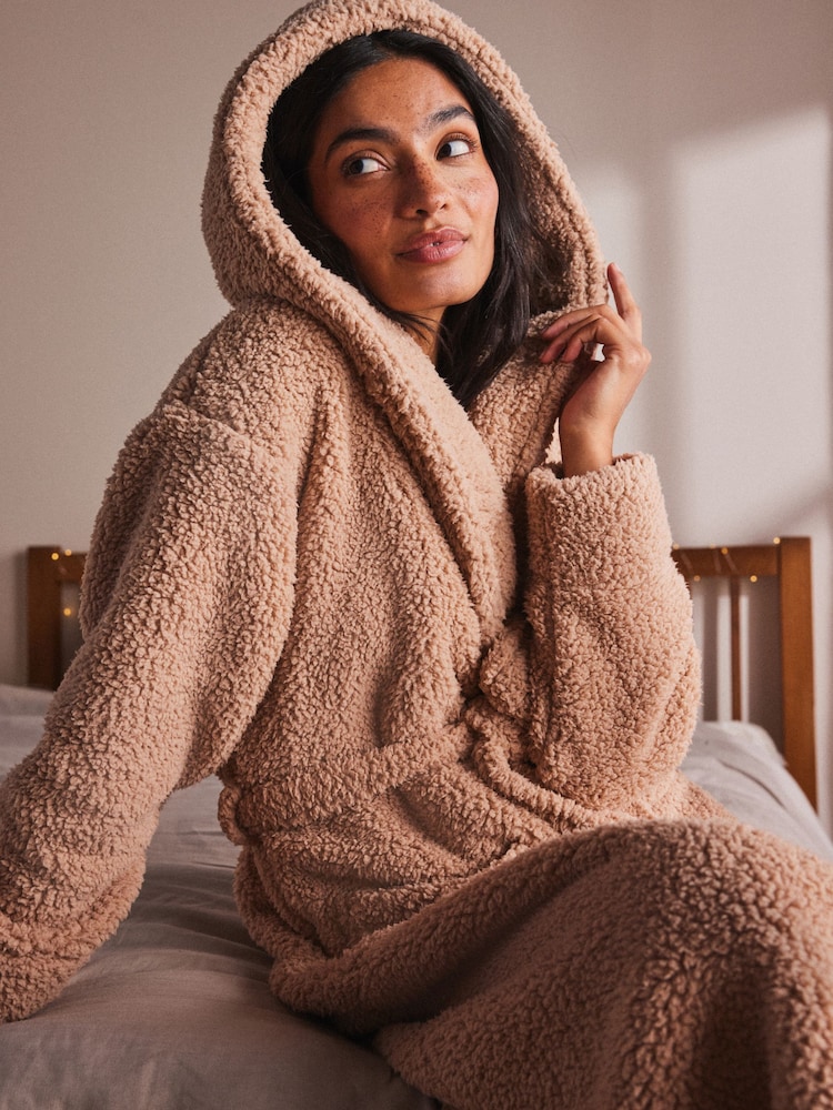 Neutral Long Teddy Dressing Gown - Image 5 of 7