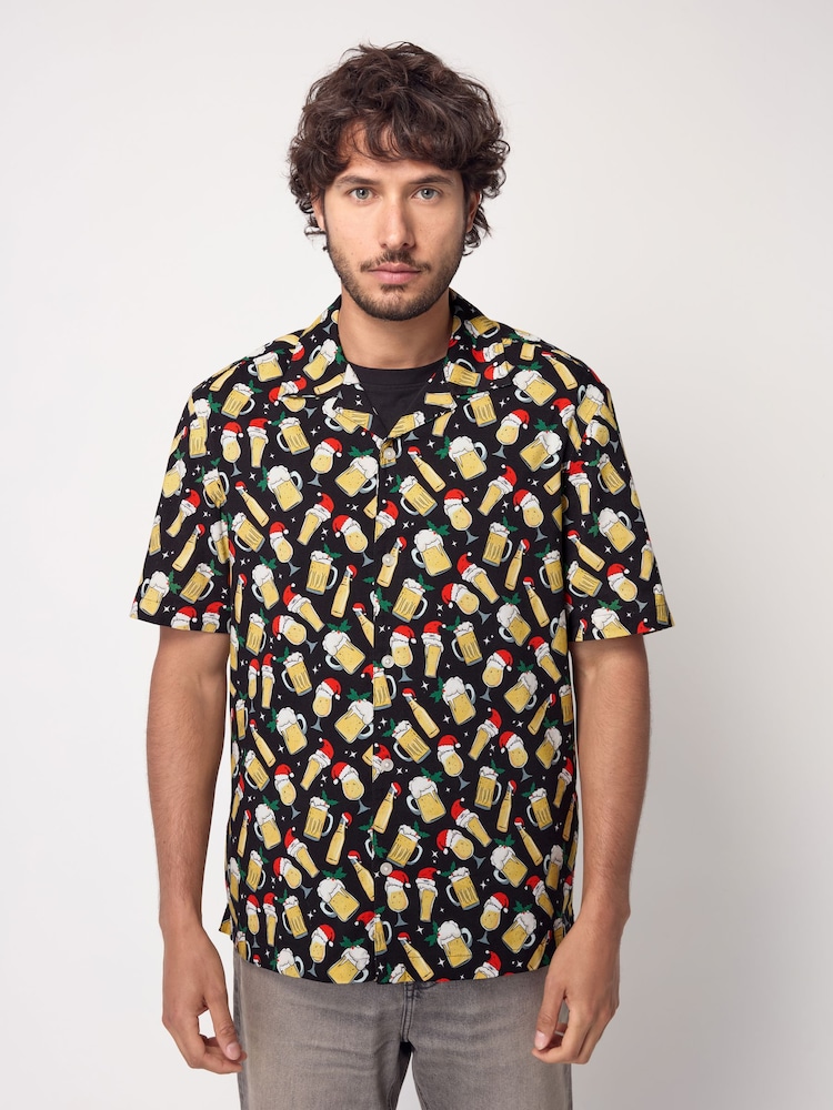 Black Beer Short Sleeve Christmas Print Shirt - Image 1 of 8