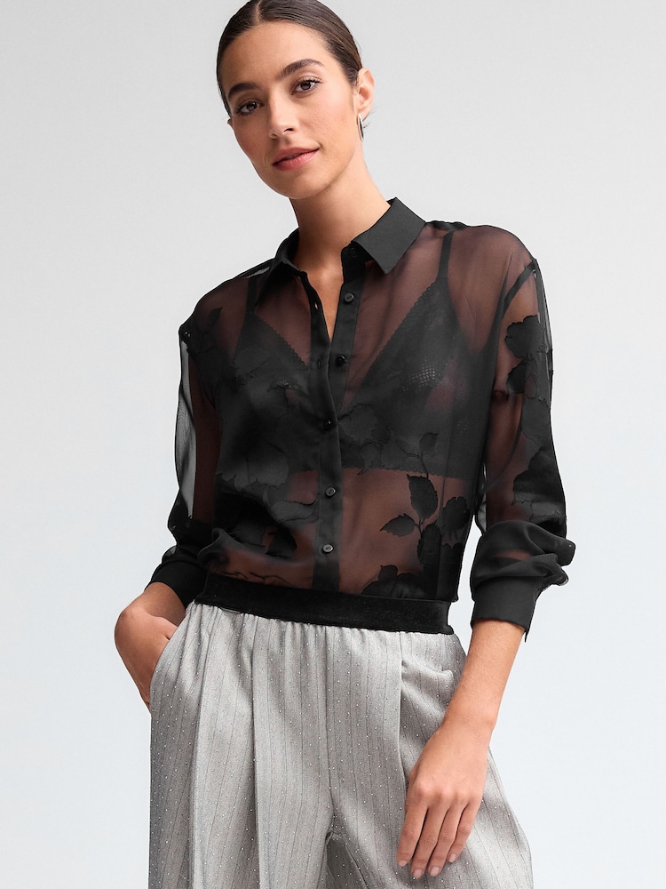 Black Jacquard Floral Long Sleeve Sheer Shirt - Image 3 of 7