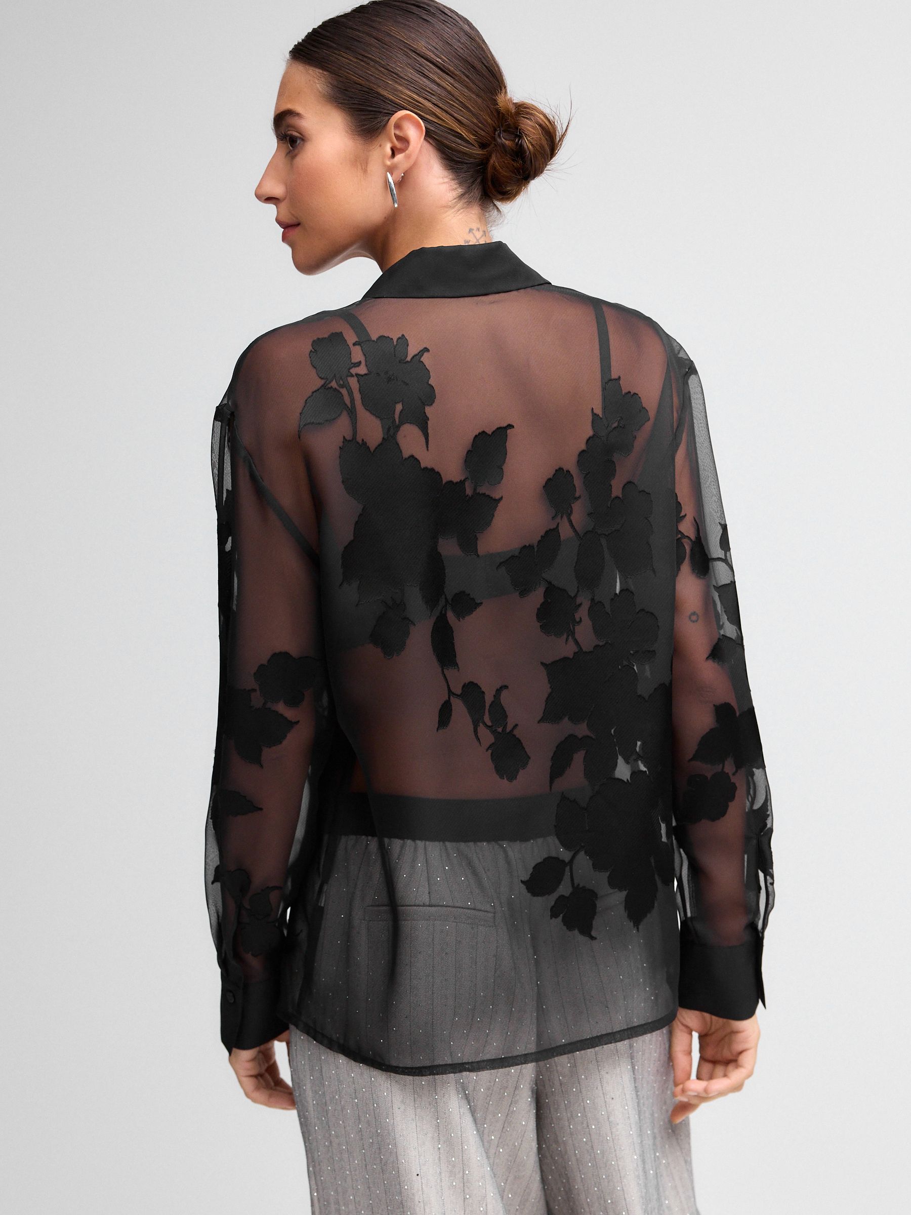 Buy Black Jacquard Floral Long Sleeve Sheer Shirt from Next Germany