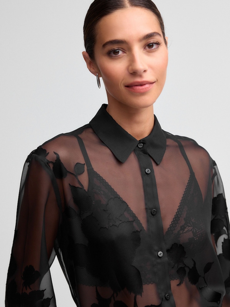 Black Jacquard Floral Long Sleeve Sheer Shirt - Image 5 of 7