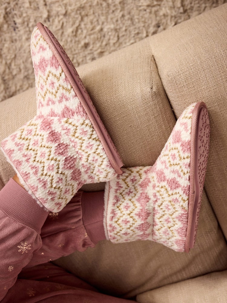 Bath & Body Works Pink/Cream Fairisle Pattern Slipper Boots - Image 1 of 9