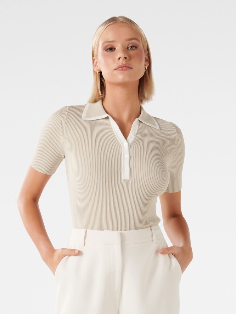 Forever New Cream Jo Collar Knit Polo Top - Image 1 of 5