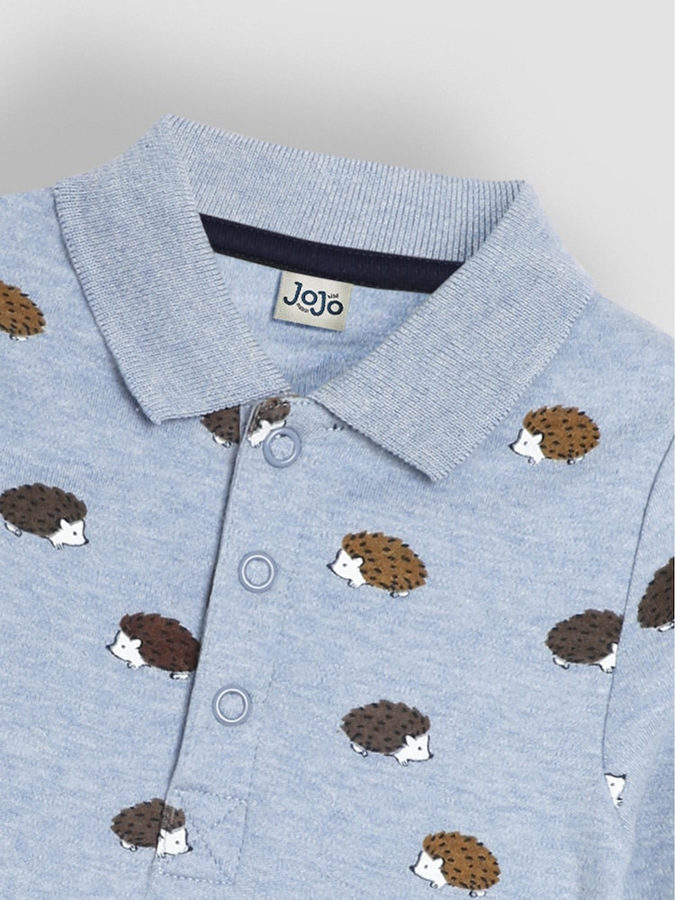 JoJo Maman Bébé Blue Hedgehog Printed Polo Shirt Bodysuit - Image 3 of 3