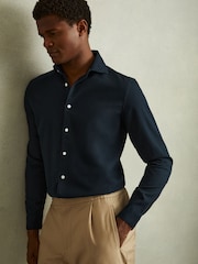 Reiss Indigo Blue Cecil Textured Garment Dyed Button-Through Shirt - Image 1 of 5