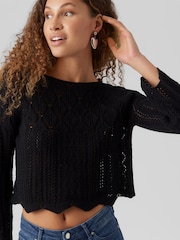 VERO MODA Black Lightweight Cropped Knitted Crochet Jumper - Image 1 of 5