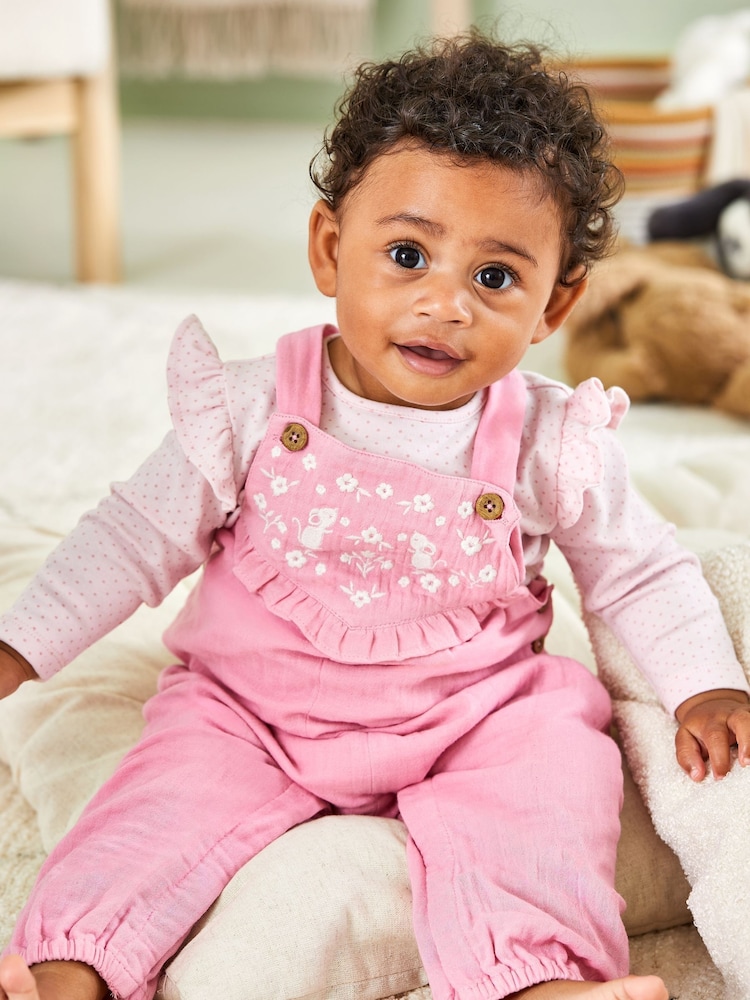 JoJo Maman Bébé Pink Mouse Embroidered Cheesecloth Dungarees and Top Set - Image 1 of 6 JoJo Maman Bébé Pink Mouse Embroidered Cheesecloth Dungarees and Top Set - Image 1 of 6