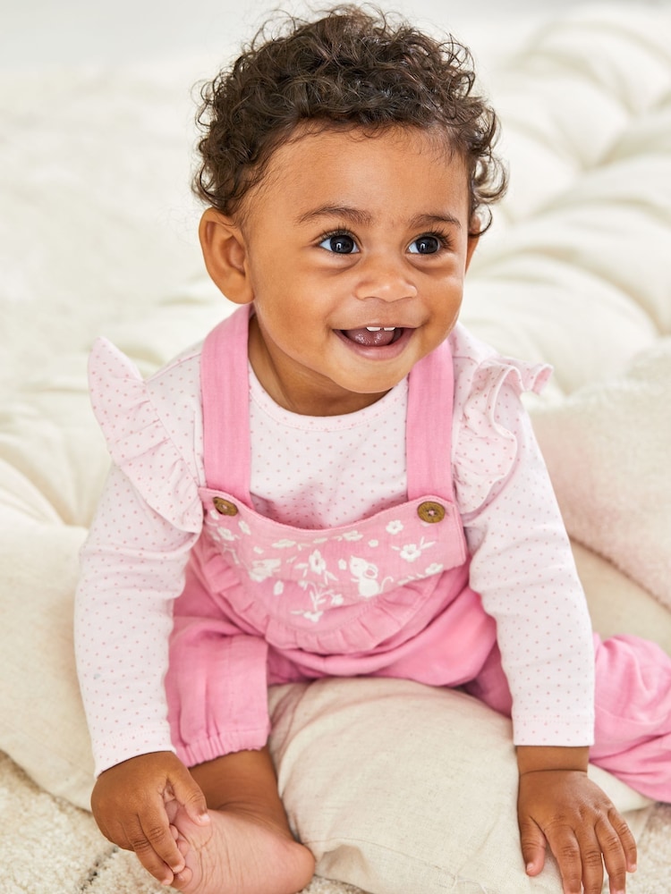 JoJo Maman Bébé Pink Mouse Embroidered Cheesecloth Dungarees and Top Set - Image 2 of 6 JoJo Maman Bébé Pink Mouse Embroidered Cheesecloth Dungarees and Top Set - Image 2 of 6