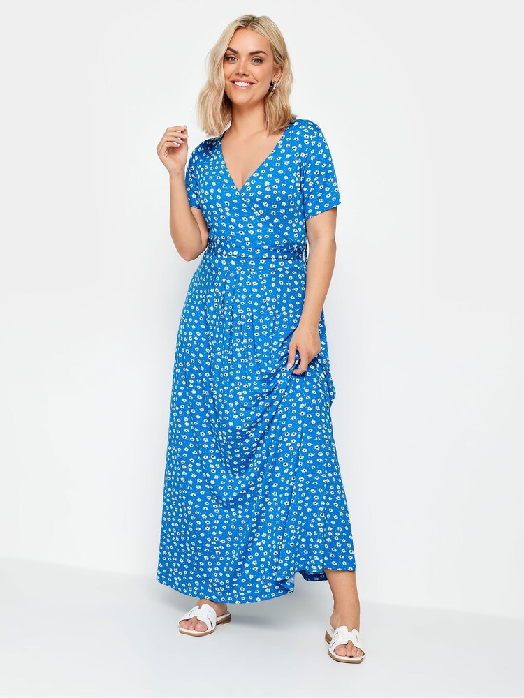 Yours Curve Blue Ditsy Floral Print Wrap Maxi Dress - Image 1 of 5