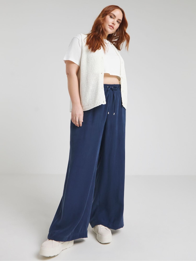 Simply Be Blue Premium Tie Waist Wide Leg Trousers - Image 1 of 4