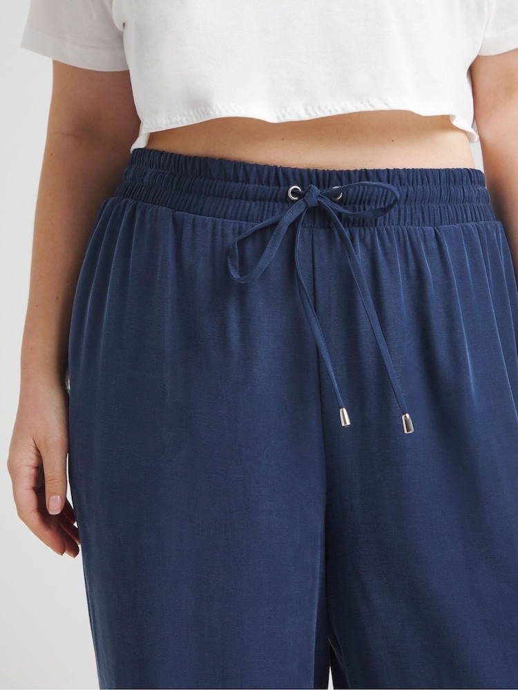 Simply Be Blue Premium Tie Waist Wide Leg Trousers - Image 4 of 4