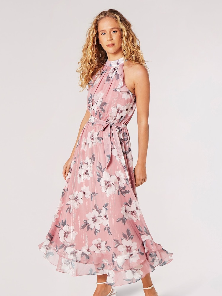Apricot Multi Painterly Floral Shimmer Midi Dress - Image 1 of 5