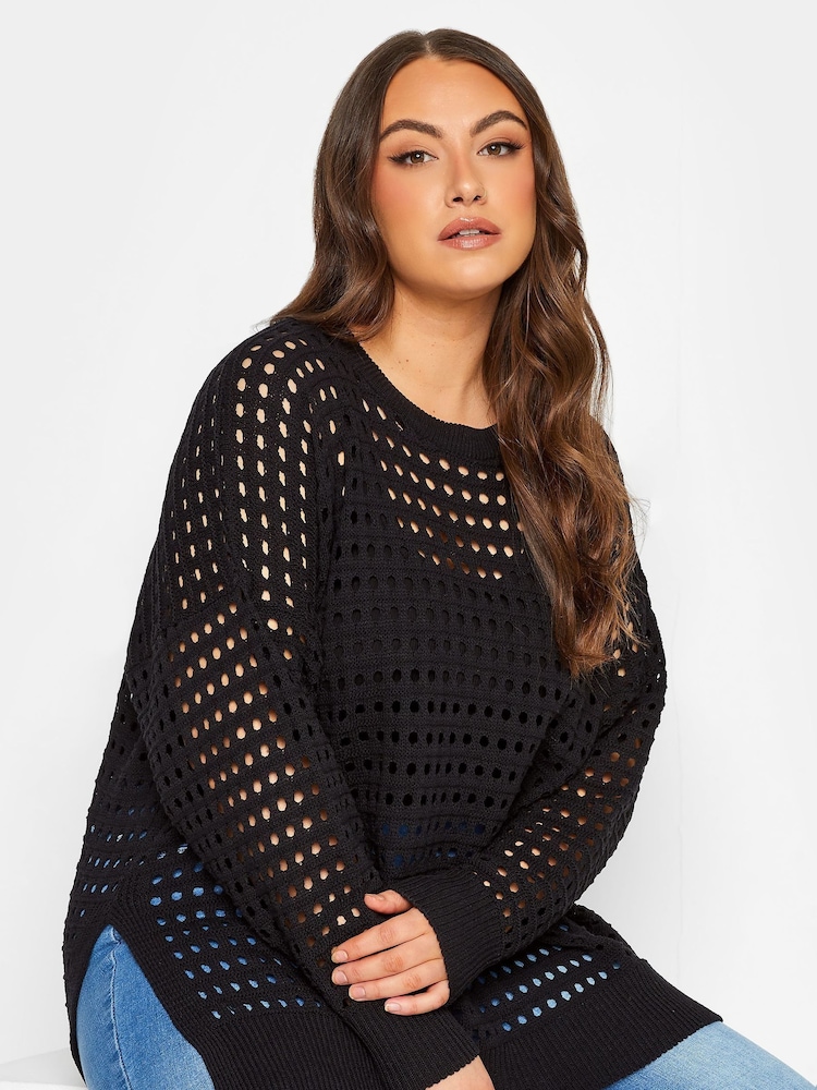 Yours Curve Black Asymetrical Mesh Jumper - Image 1 of 4 Yours Curve Black Asymetrical Mesh Jumper - Image 1 of 4