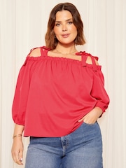 Curves Like These Pink Strappy Bardot Long Sleeve Satin Blouse - Image 1 of 4