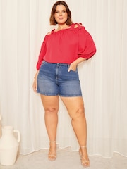 Curves Like These Pink Strappy Bardot Long Sleeve Satin Blouse - Image 3 of 4