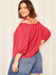 Curves Like These Pink Strappy Bardot Long Sleeve Satin Blouse - Image 4 of 4