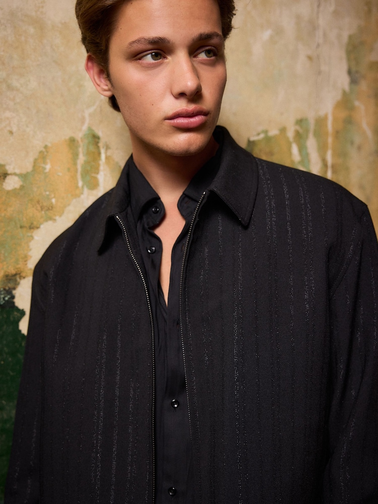 Black EDIT Metallic Pinstripe Harrington Jacket - Image 1 of 5