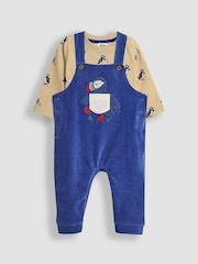 JoJo Maman Bébé Blue 2-Piece Velour Appliqué Dungarees & Top Set - Image 1 of 6