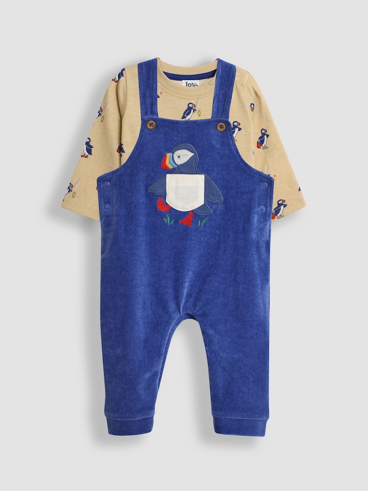 JoJo Maman Bébé Blue 2-Piece Velour Appliqué Dungarees & Top Set - Image 1 of 6