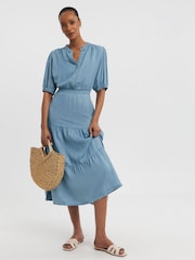 JD Williams Blue Sheered Bodice Tiered Midi Dress - Image 1 of 4