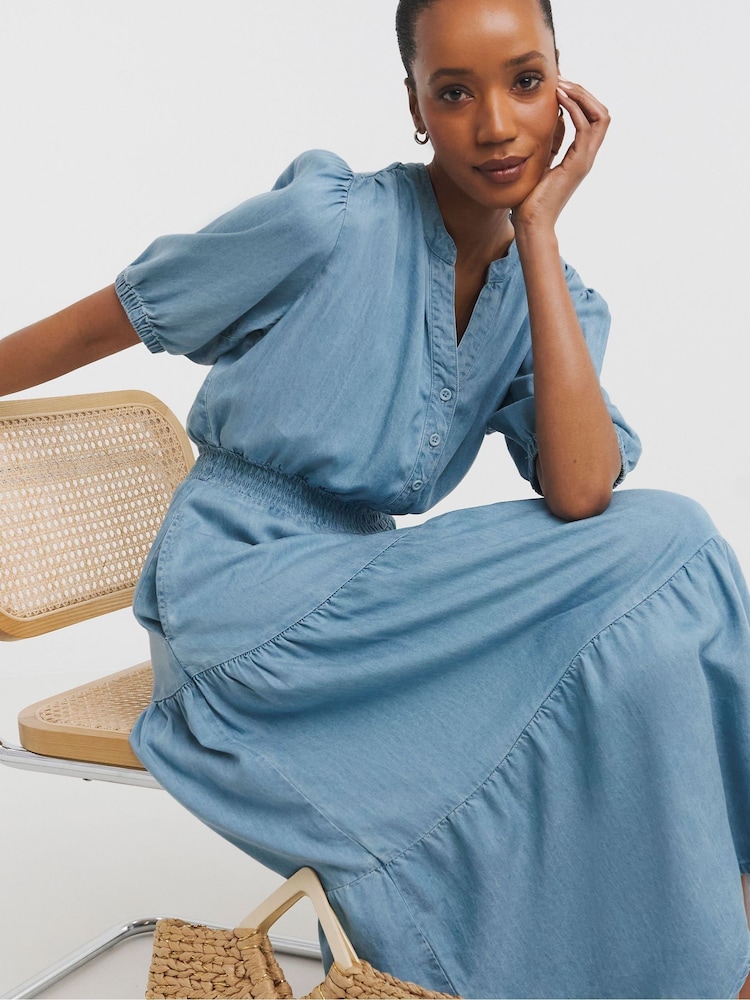 JD Williams Blue Sheered Bodice Tiered Midi Dress - Image 2 of 4
