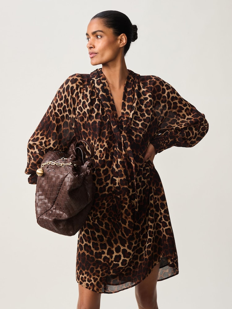 Brown Leopard Print Long Sleeve Tie Neck Mini Dress - Image 1 of 8