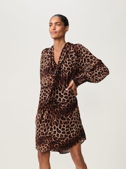 Brown Leopard Print Long Sleeve Tie Neck Mini Dress - Image 2 of 8