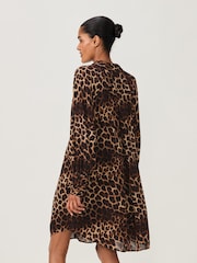 Brown Leopard Print Long Sleeve Tie Neck Mini Dress - Image 3 of 8