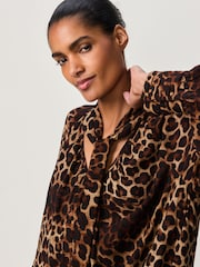 Brown Leopard Print Long Sleeve Tie Neck Mini Dress - Image 4 of 8
