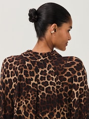 Brown Leopard Print Long Sleeve Tie Neck Mini Dress - Image 5 of 8