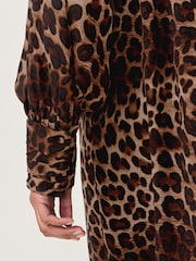 Brown Leopard Print Long Sleeve Tie Neck Mini Dress - Image 6 of 8